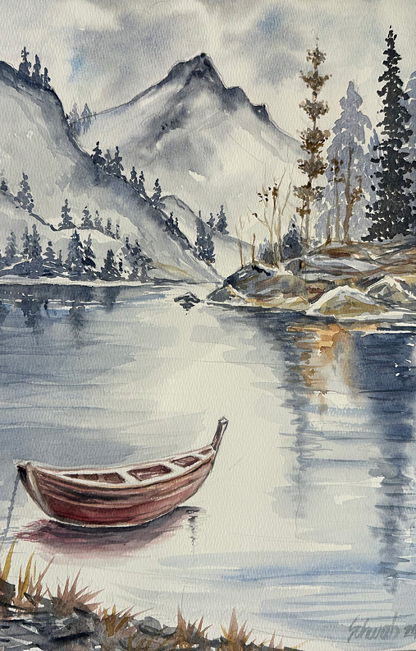 Lone Canoe - Watercolor 12in x 18in -17-5in x 25in - Framed